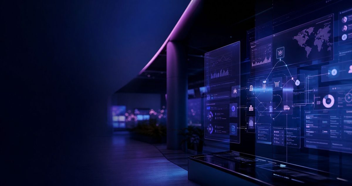 Abstract operations hub representing the panel software, not a staged office photograph.